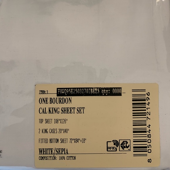 FRETTE ONE BOURDON CAL KING 4 PIECE SHEET SET PERCALE WHITE/KHAKI. - Picture 4 of 4